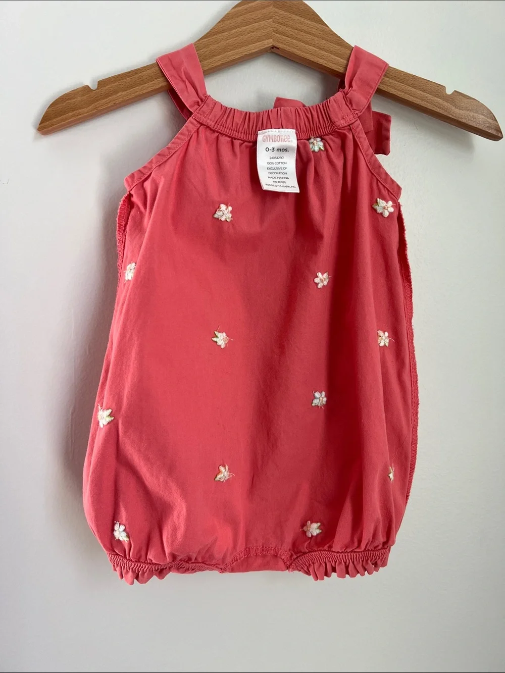 Gymboree | 100% Cotton Coral Baby Bubble Romper Bow Floral Embroidery Size 0-3M